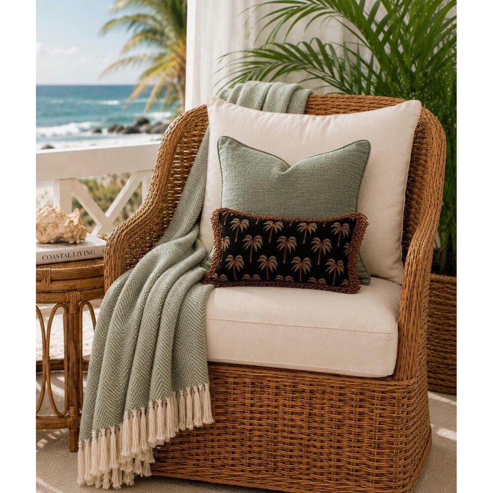 Palm Tree Print Pillow / Beach Boho Tropical Vibe Pillow with Fringe / Coastal D